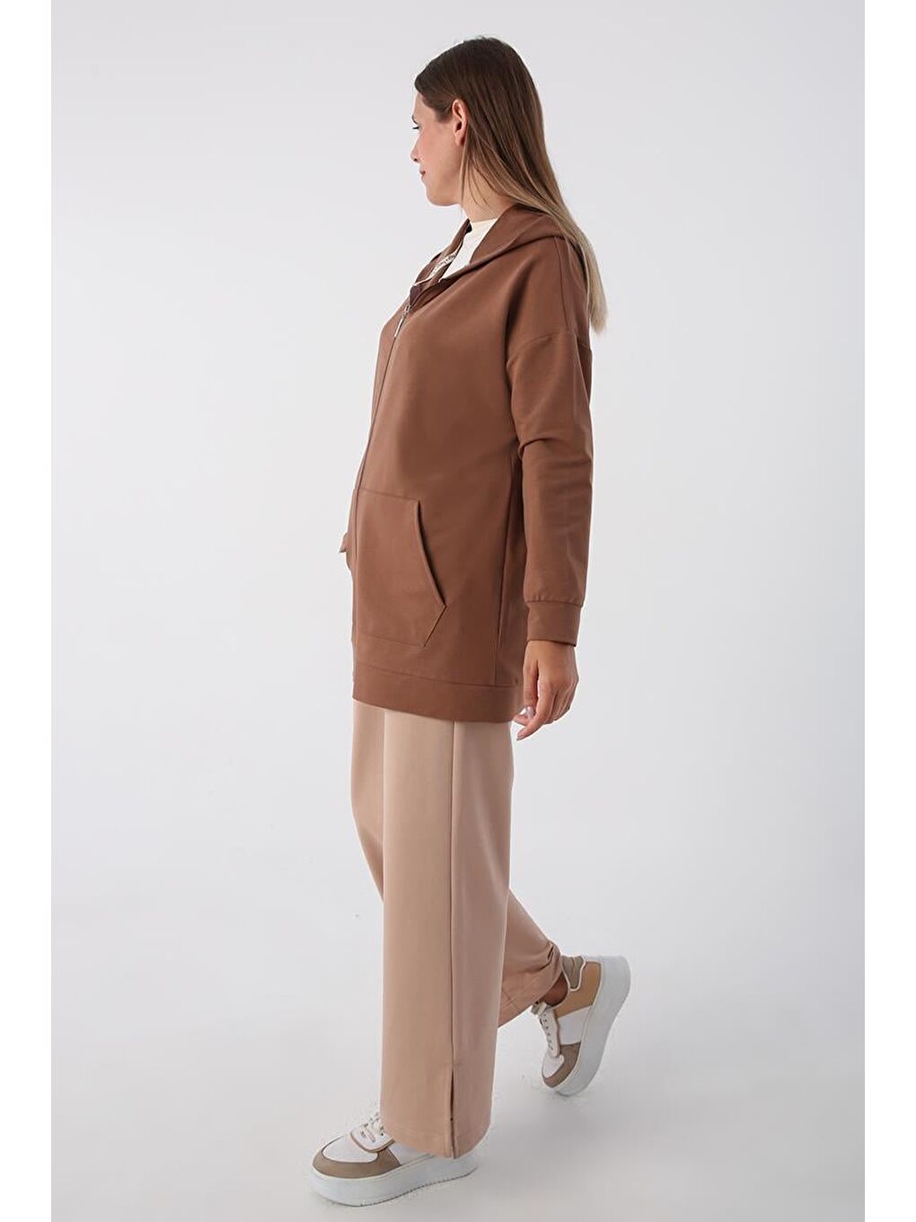 Kahverengi Kahve Kapüşonlu Fermuarlı Sweat Hırka-2