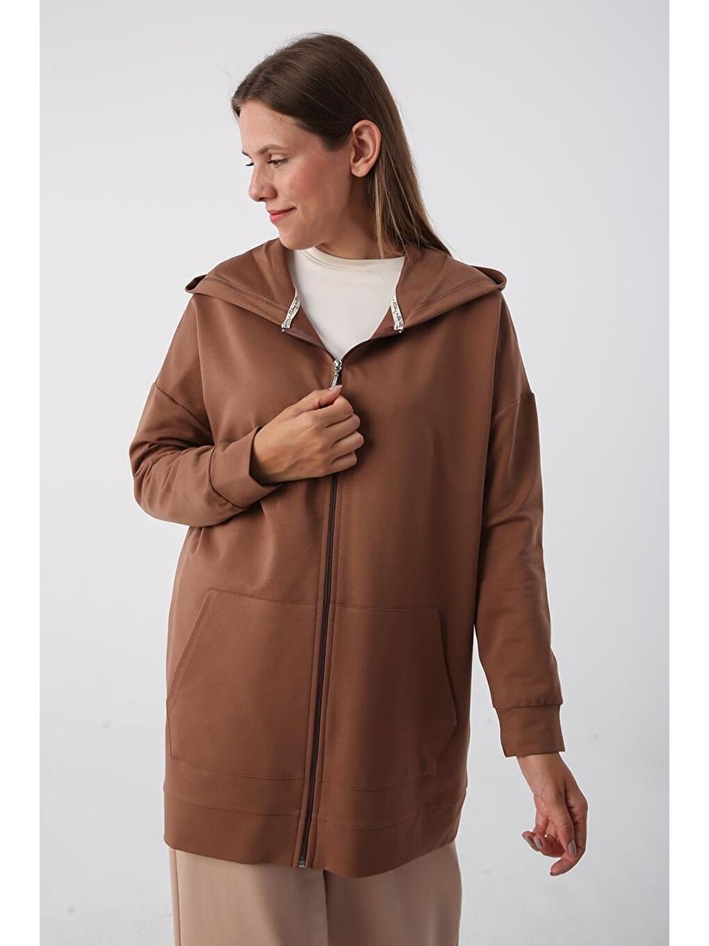 Kahverengi Kahve Kapüşonlu Fermuarlı Sweat Hırka-4