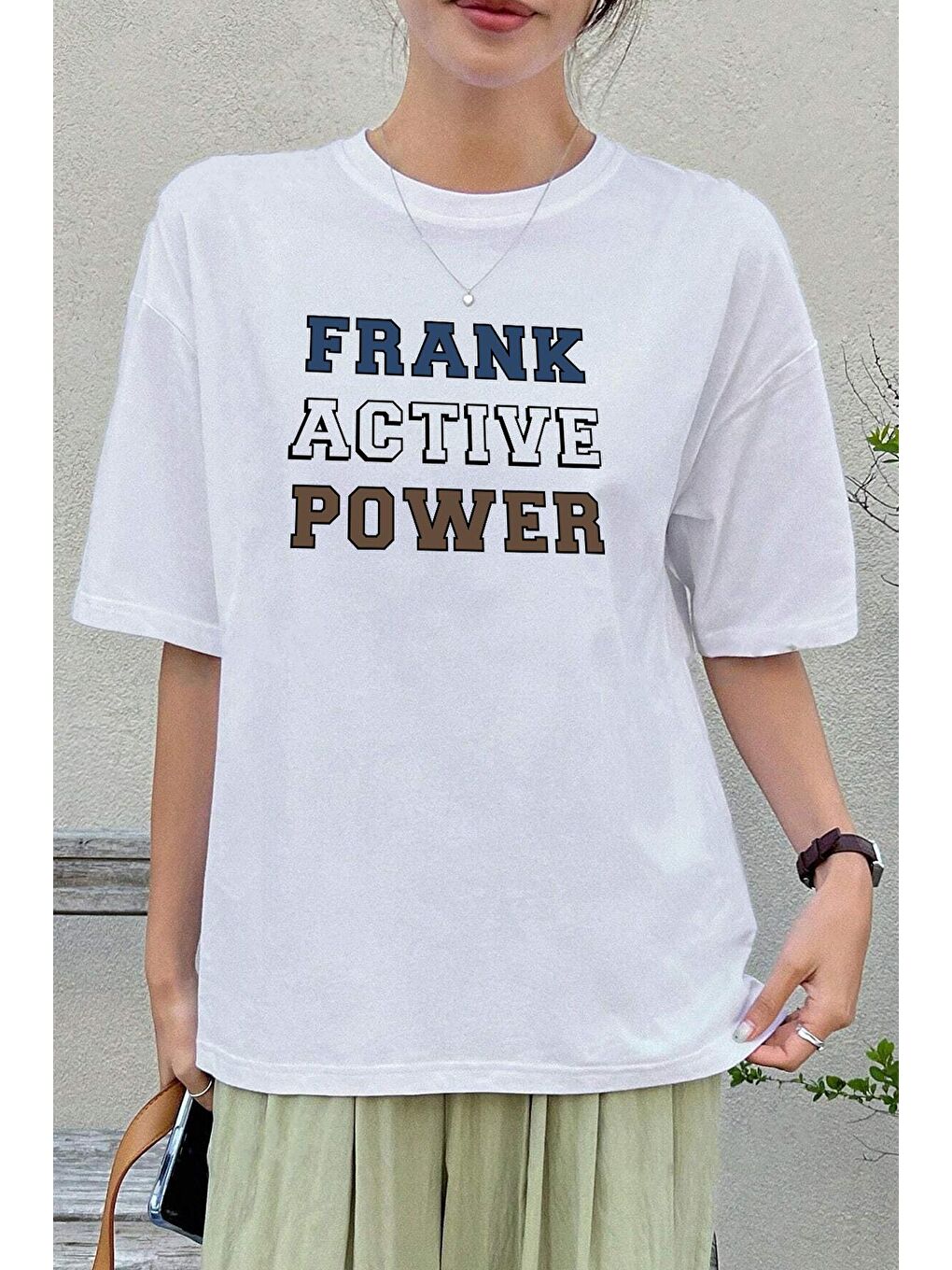 uyguntarz Beyaz Unisex Frank Active Power Baskılı Oversize Tshirt - 1