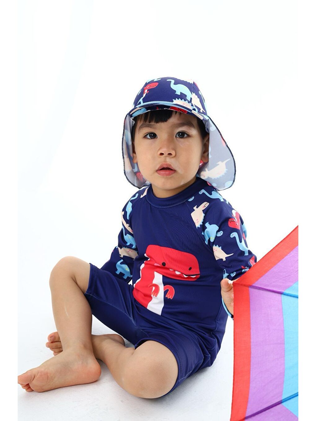 Lacivert Erkek Çocuk Şapkalı-Tek Parça Alt/Üst Mayo Takımı 2-10 Yaş 016