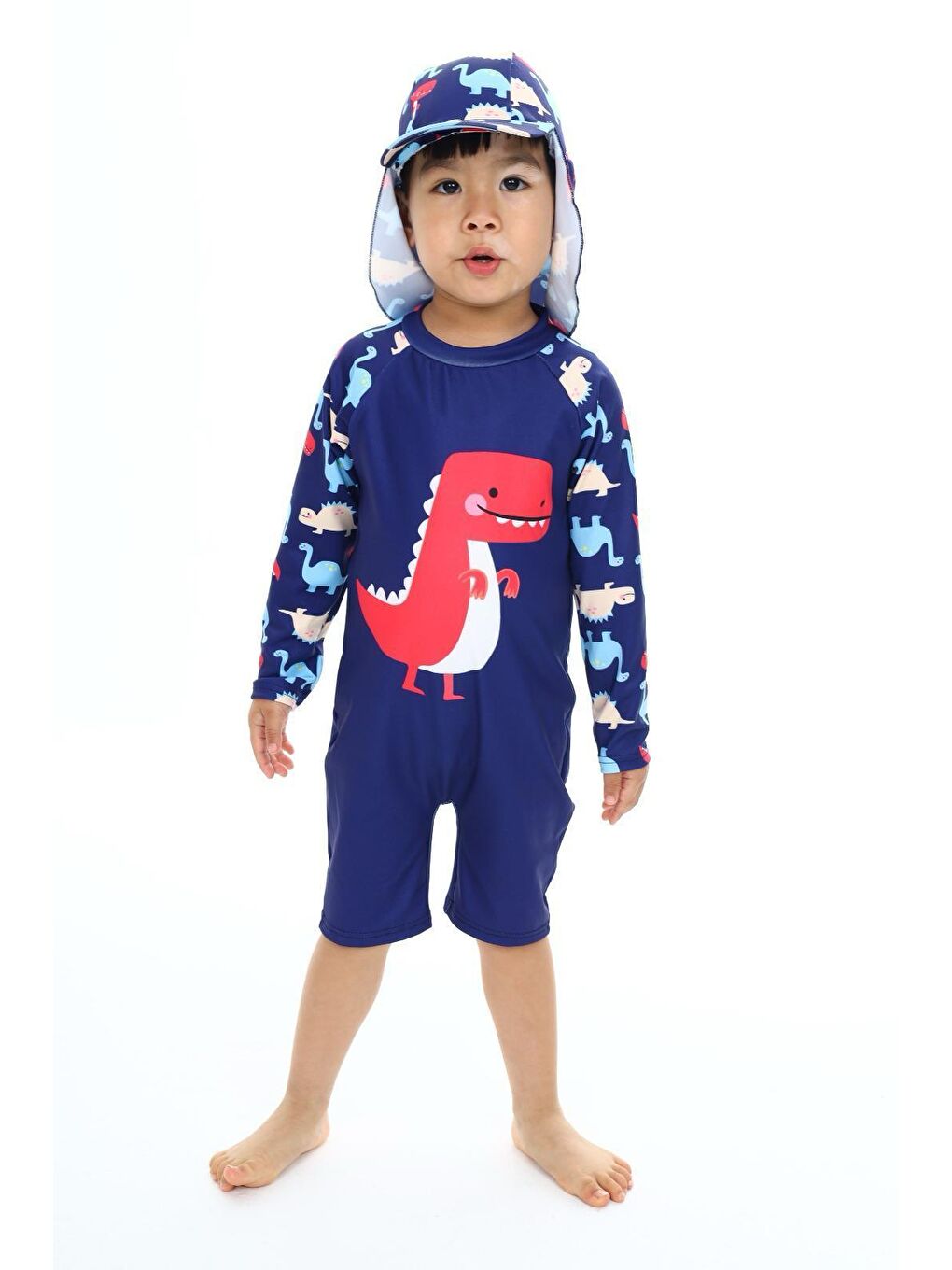 Lacivert Erkek Çocuk Şapkalı-Tek Parça Alt/Üst Mayo Takımı 2-10 Yaş 016-1