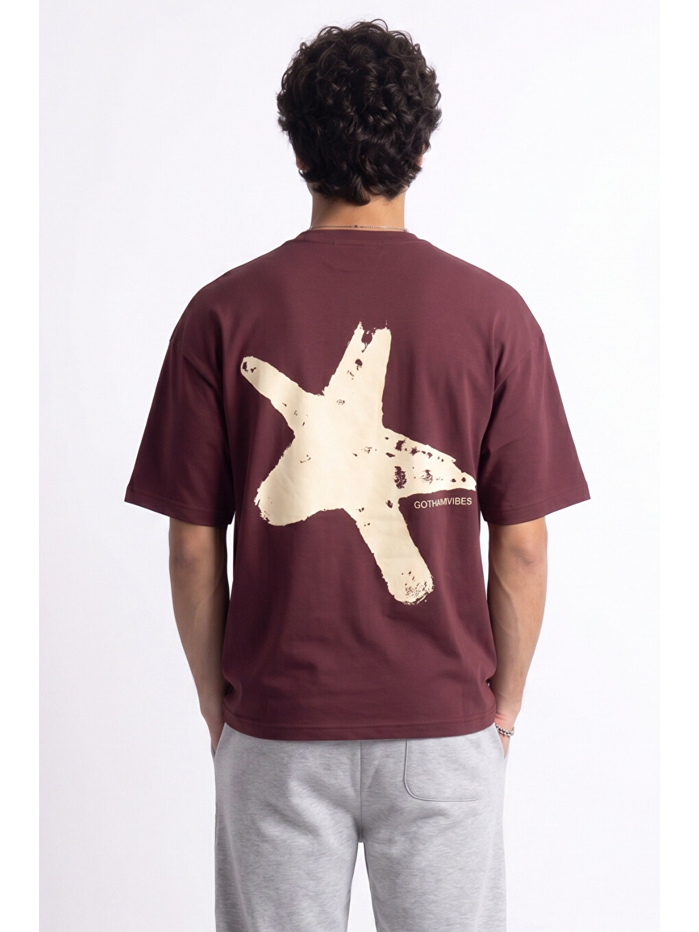 Erkek Boxy Star Bordo Premium T-Shirt-4