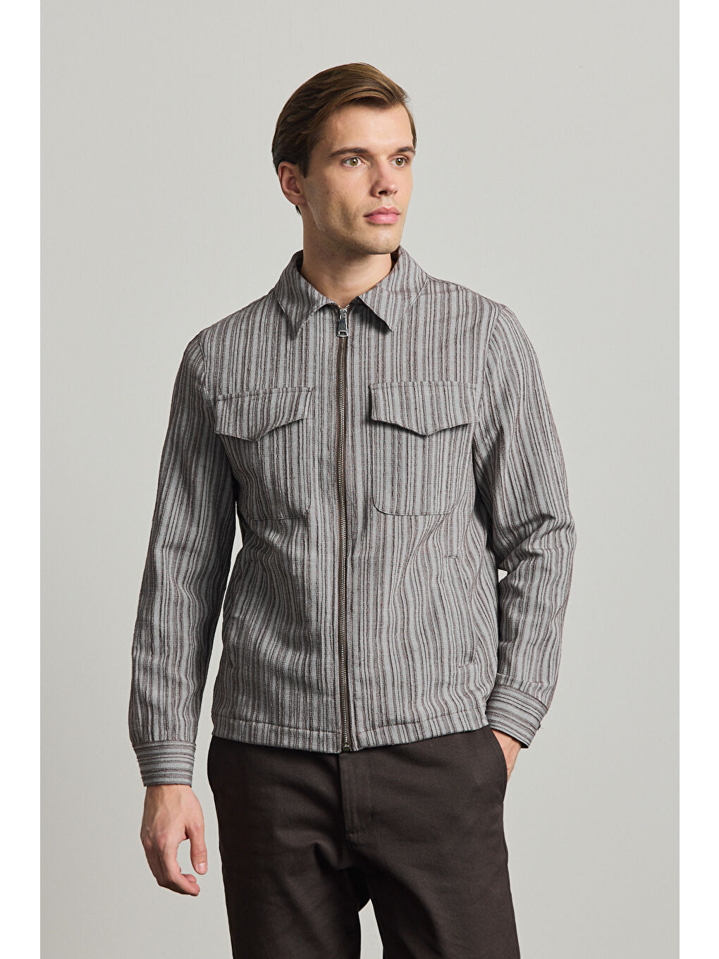 Erkek Premium Keten Gömlek Ceket Kahverengi-1