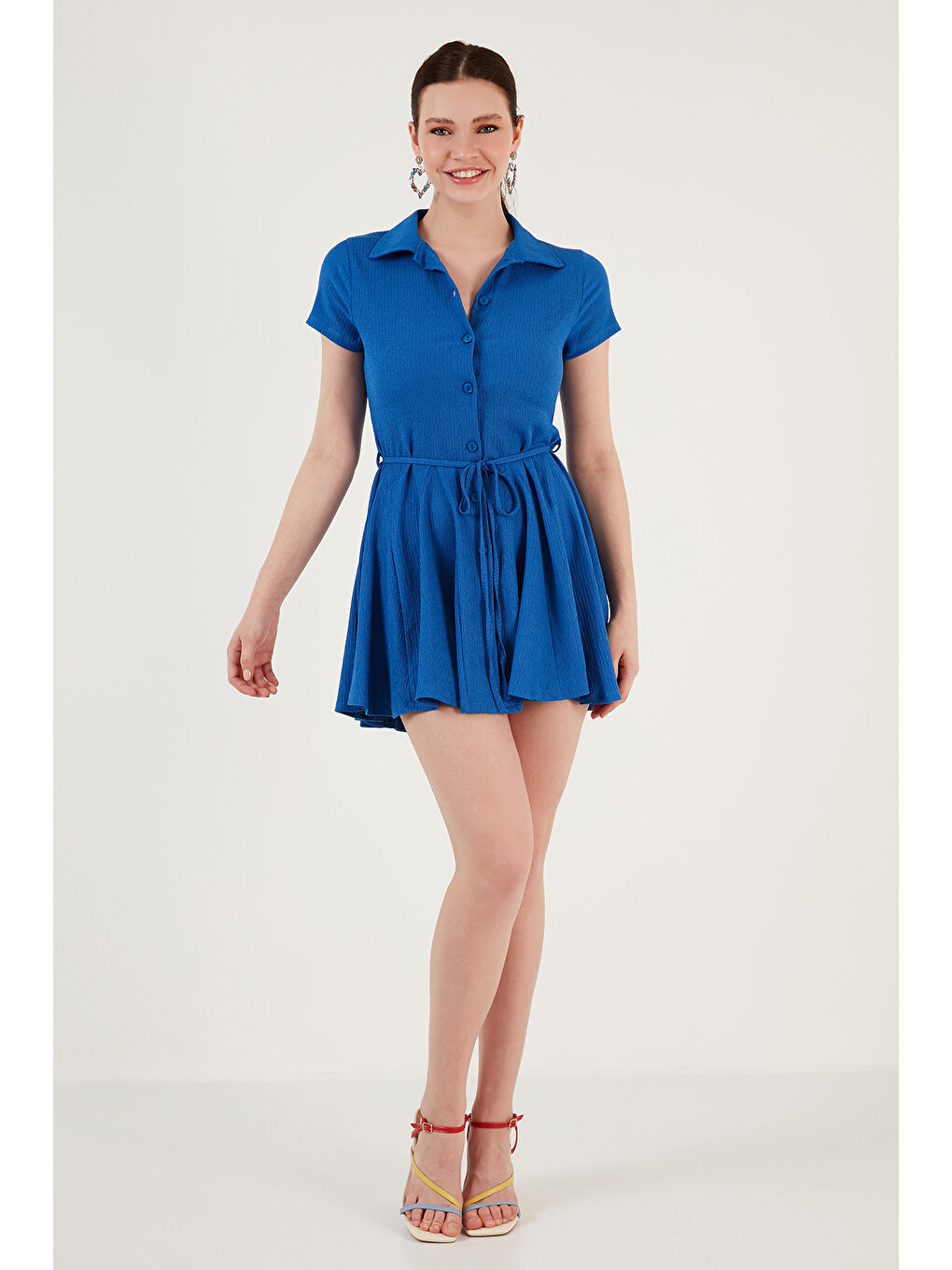 Mavi Bağlama Detaylı Mini Gömlek Elbise 5869006-1