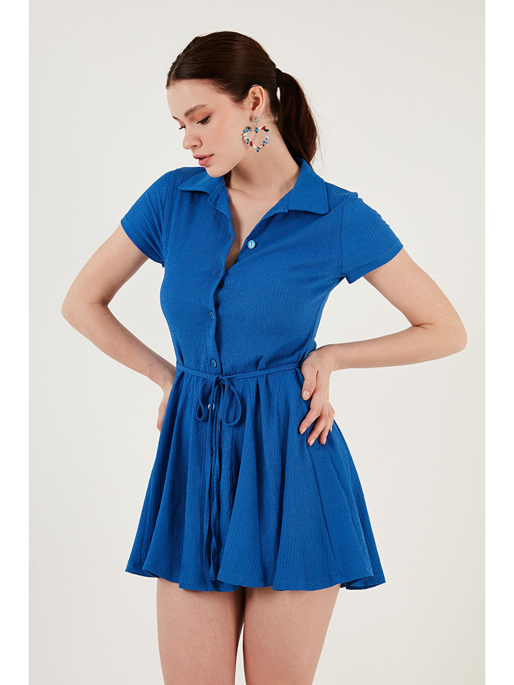 Mavi Bağlama Detaylı Mini Gömlek Elbise 5869006-4