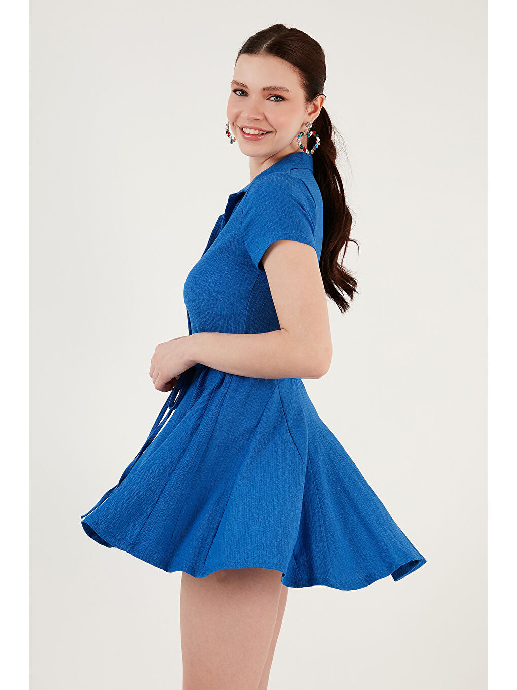 Mavi Bağlama Detaylı Mini Gömlek Elbise 5869006-5