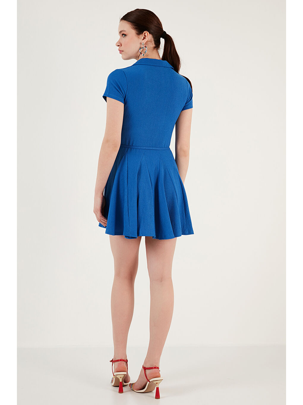 Mavi Bağlama Detaylı Mini Gömlek Elbise 5869006-6