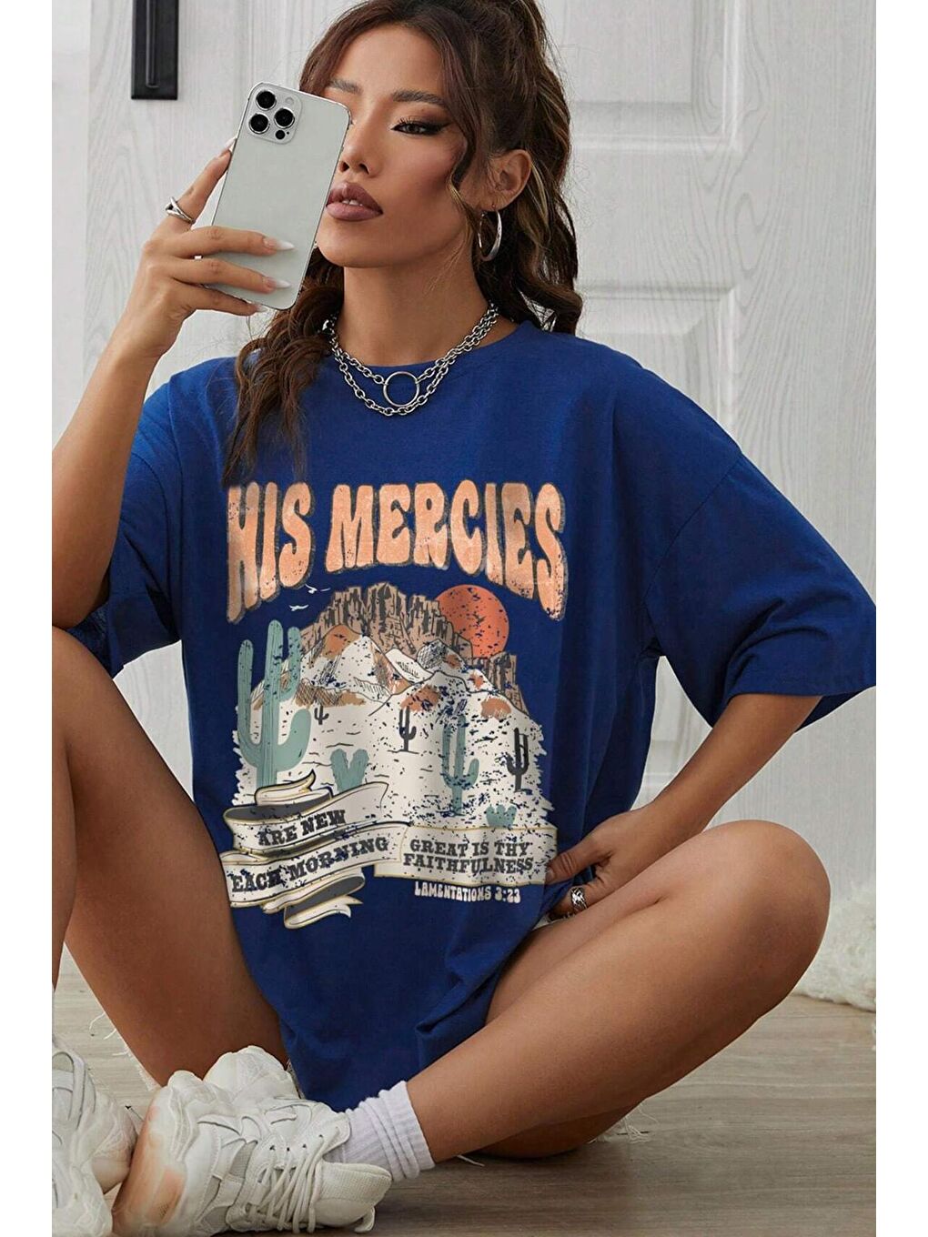 uyguntarz Mavi Unisex His Mercies Baskılı Oversize Tshirt