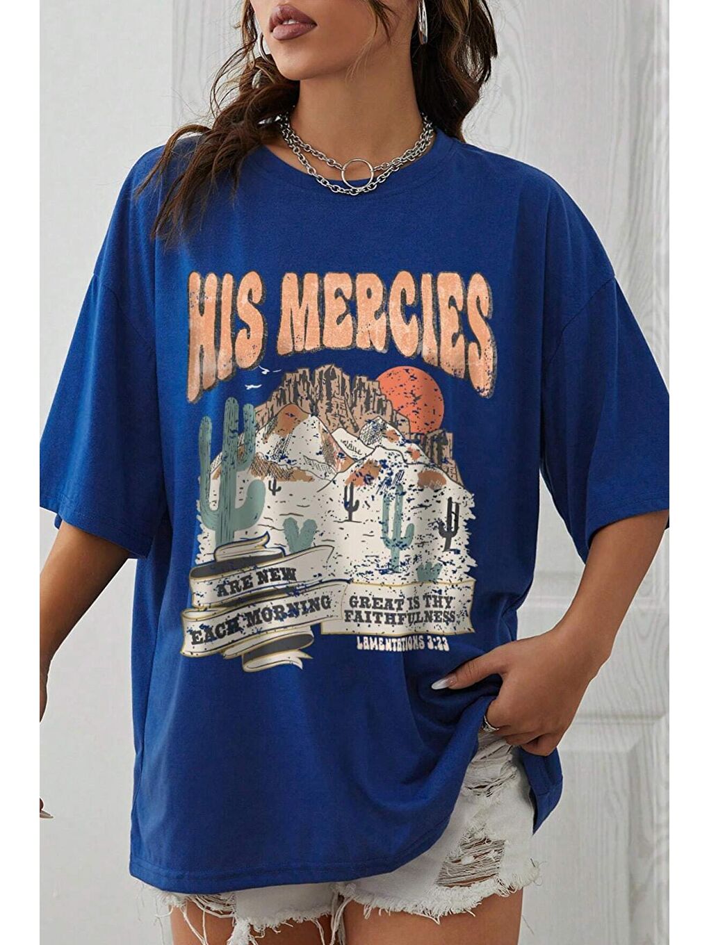 uyguntarz Mavi Unisex His Mercies Baskılı Oversize Tshirt - 1