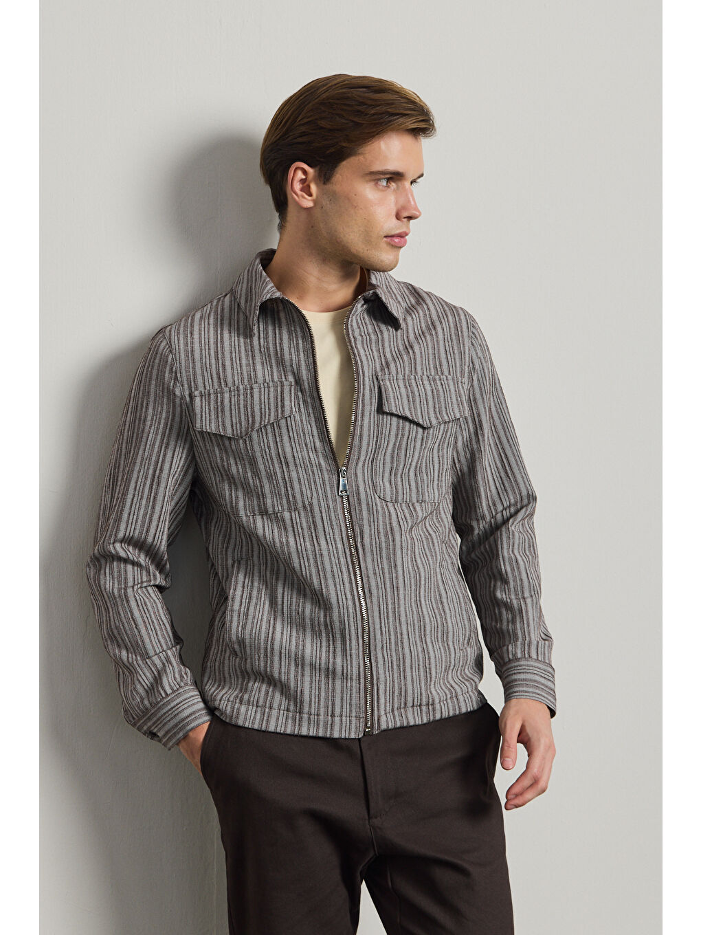 Erkek Premium Keten Gömlek Ceket Kahverengi-4