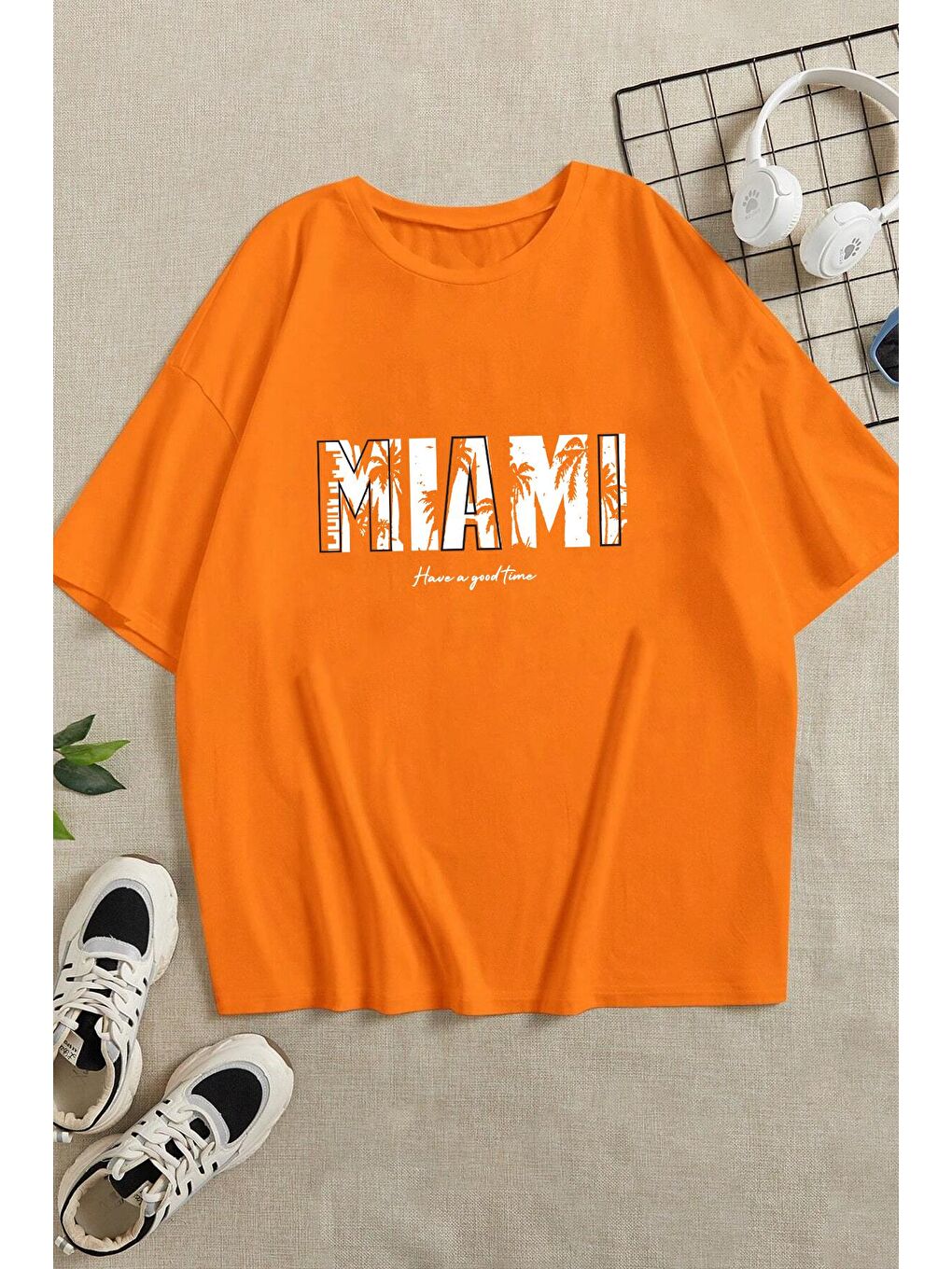 uyguntarz Turuncu Unisex Miami Baskılı Oversize Tshirt