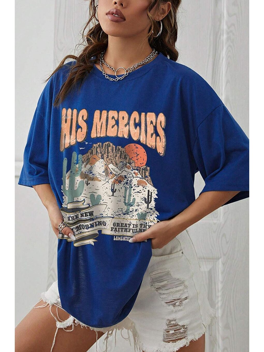 uyguntarz Mavi Unisex His Mercies Baskılı Oversize Tshirt - 2