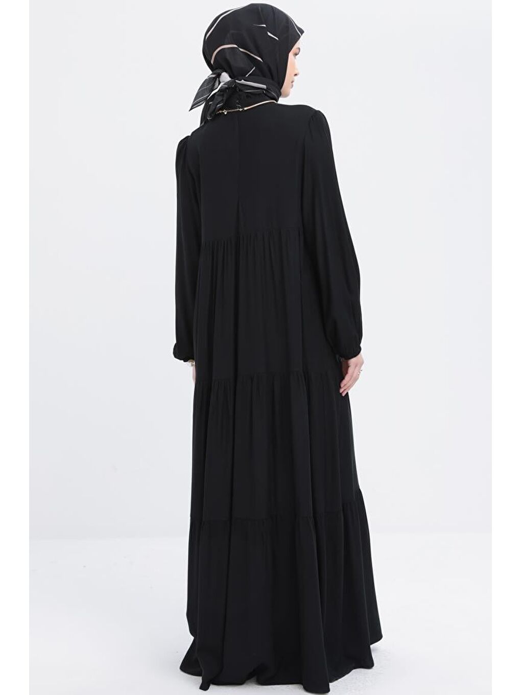 Siyah-Yakası Fırfır Detaylı Büzgülü Elbise-2