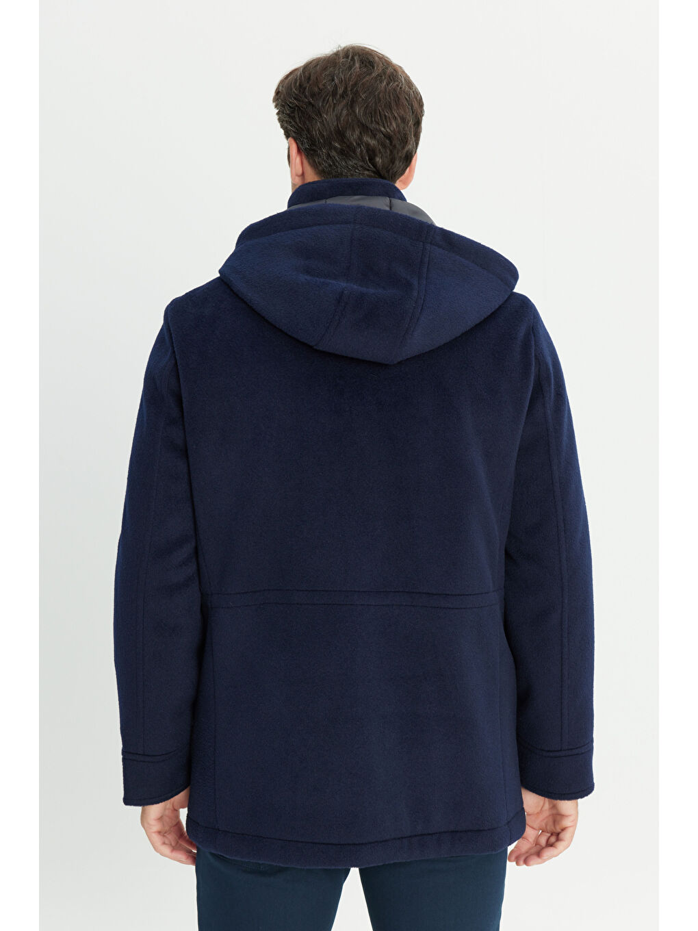 Erkek Lacivert Standart Fit Normal Kesim Kapüşon Çıkmalı Dik Yaka Torba Cepli Kaşe Kapüşonlu Kaban-5