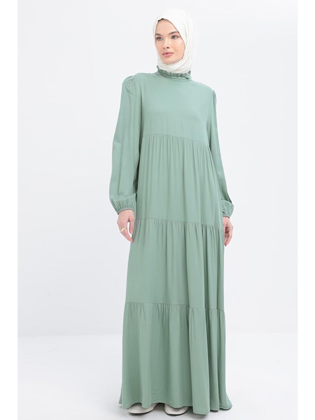 Yeşil Mint-Yakası Fırfır Detaylı Büzgülü Elbise-1