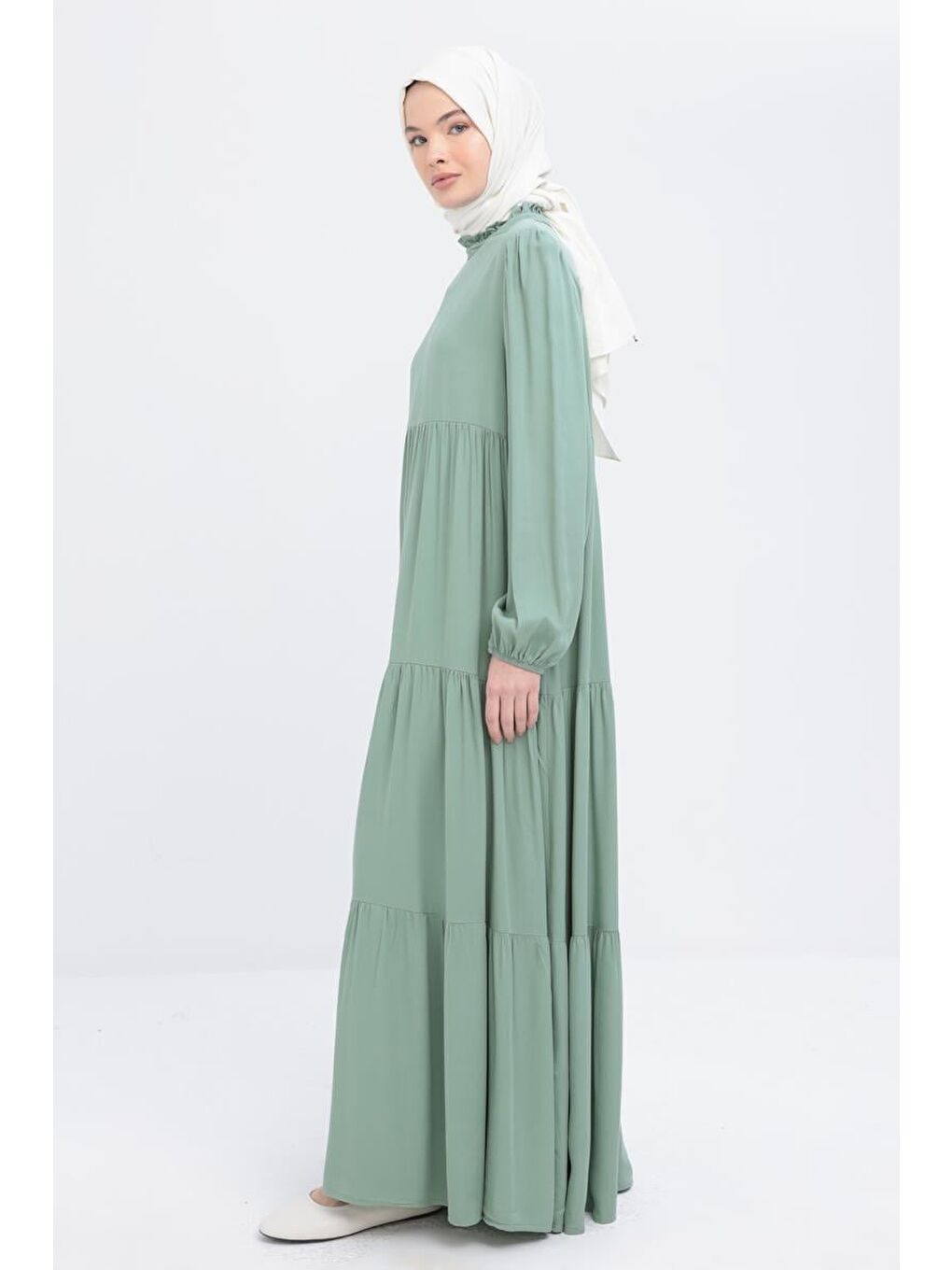 Yeşil Mint-Yakası Fırfır Detaylı Büzgülü Elbise-2