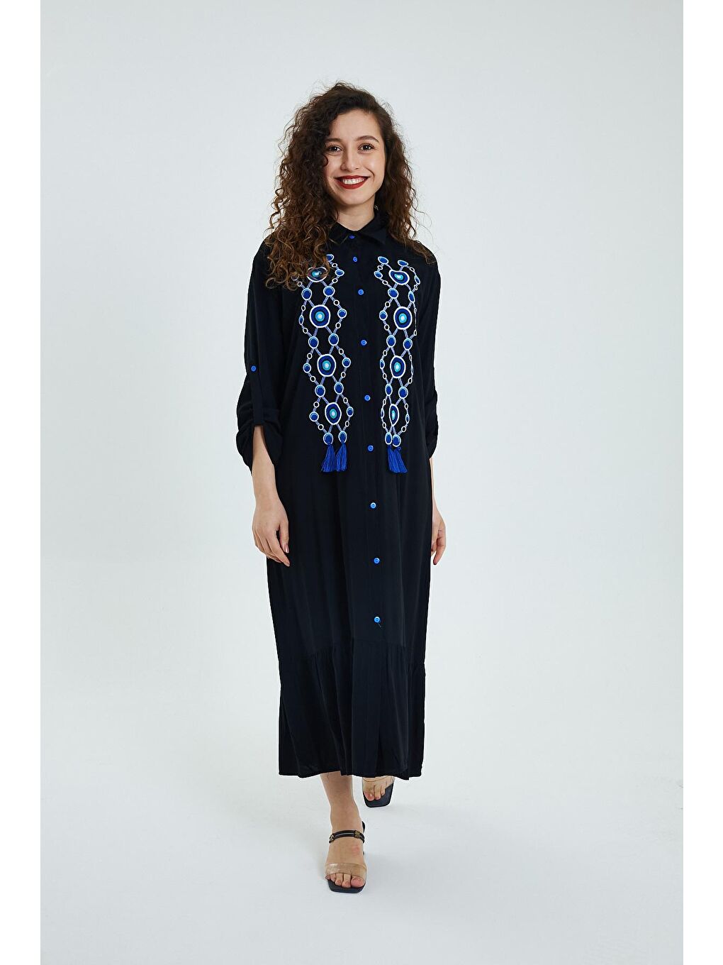 Siyah Kadın Önü Düğmeli Nakışlı Elbise 946