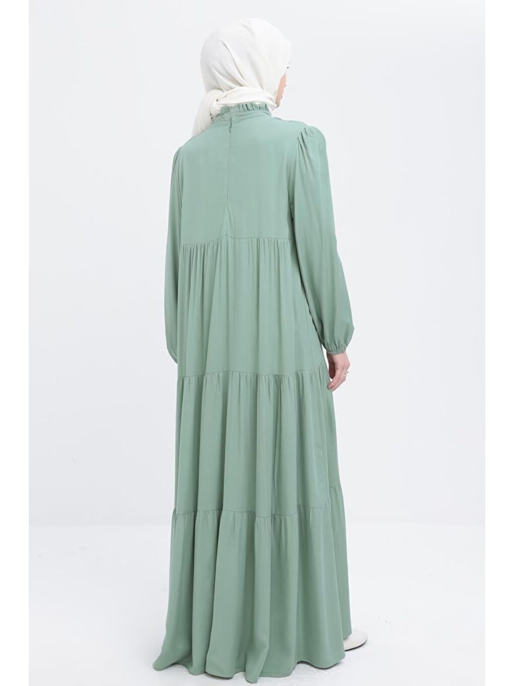 Yeşil Mint-Yakası Fırfır Detaylı Büzgülü Elbise-3