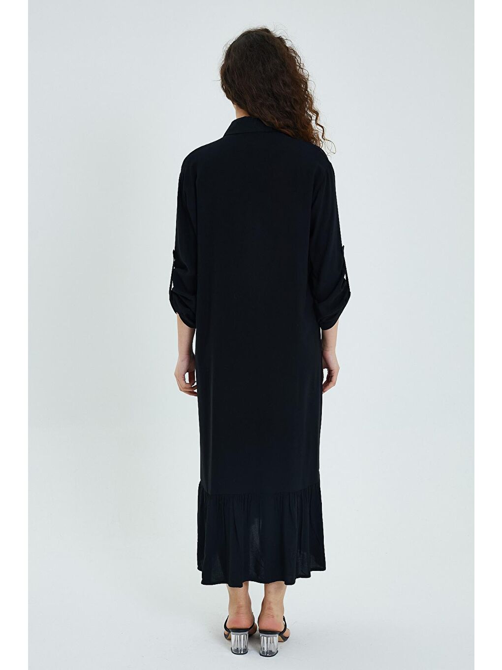 Siyah Kadın Önü Düğmeli Nakışlı Elbise 946-1