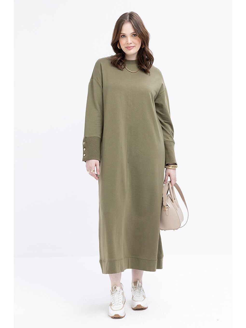 Haki-Manşeti Kalın Ribanalı Düğme Detaylı Büyük Beden Elbise