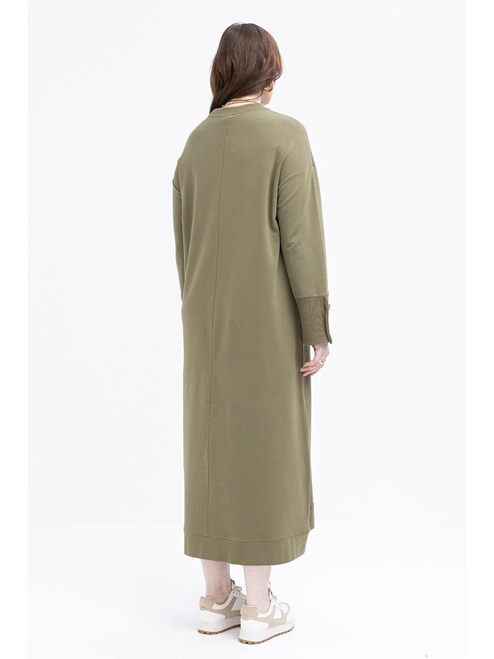 Haki-Manşeti Kalın Ribanalı Düğme Detaylı Büyük Beden Elbise-2