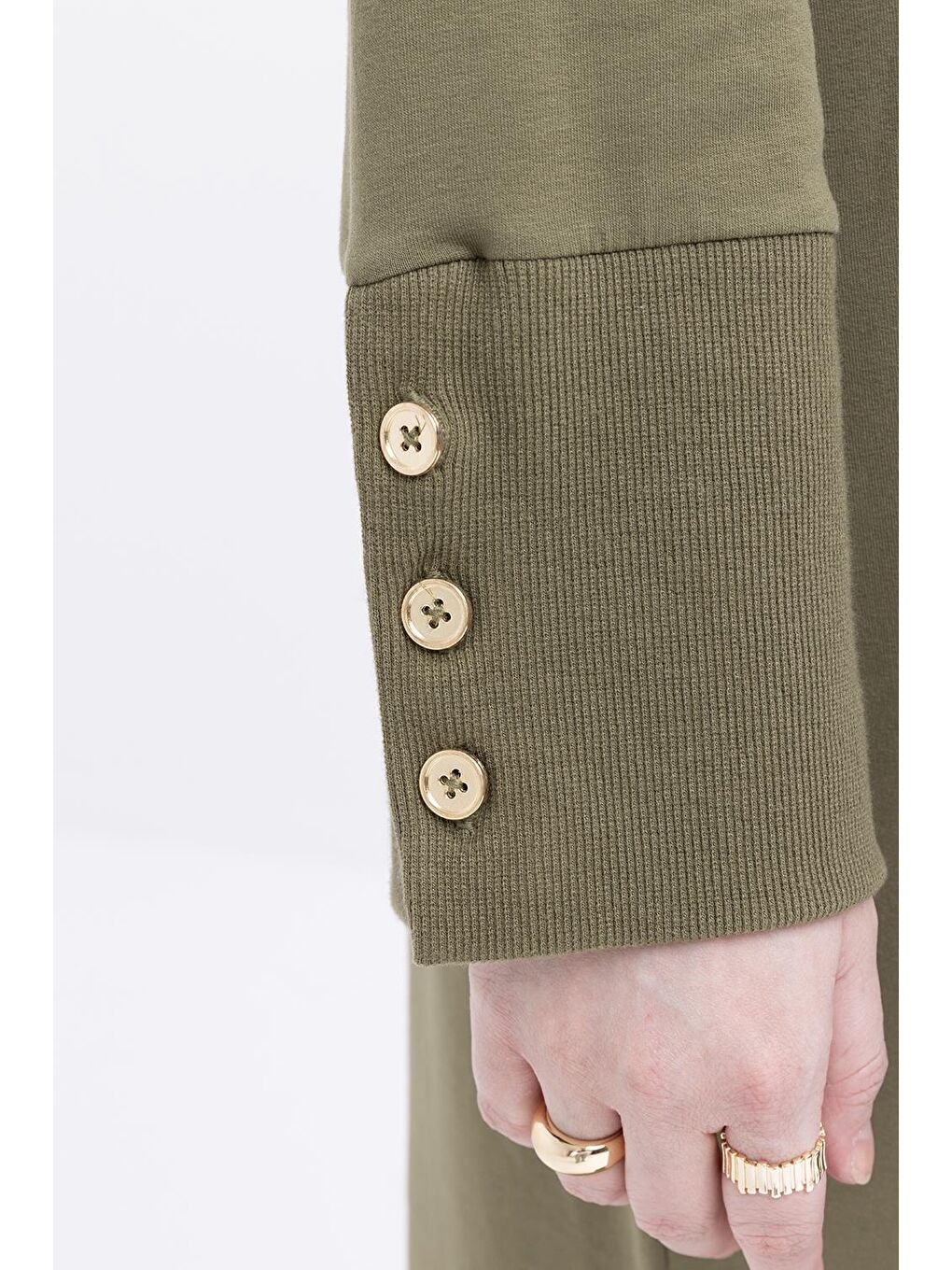 Haki-Manşeti Kalın Ribanalı Düğme Detaylı Büyük Beden Elbise-3