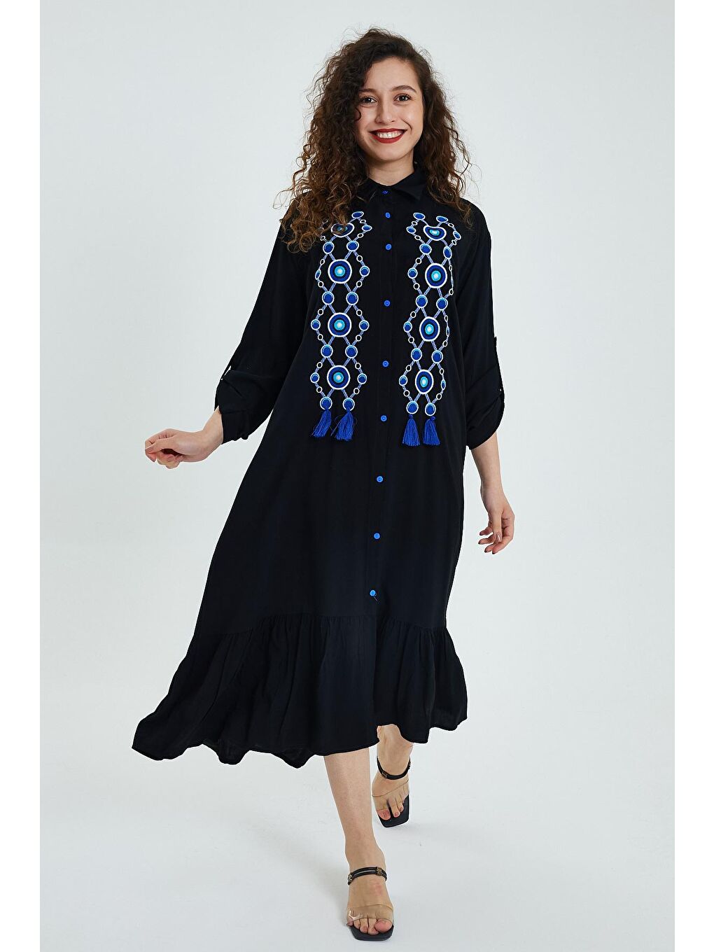 Siyah Kadın Önü Düğmeli Nakışlı Elbise 946-3