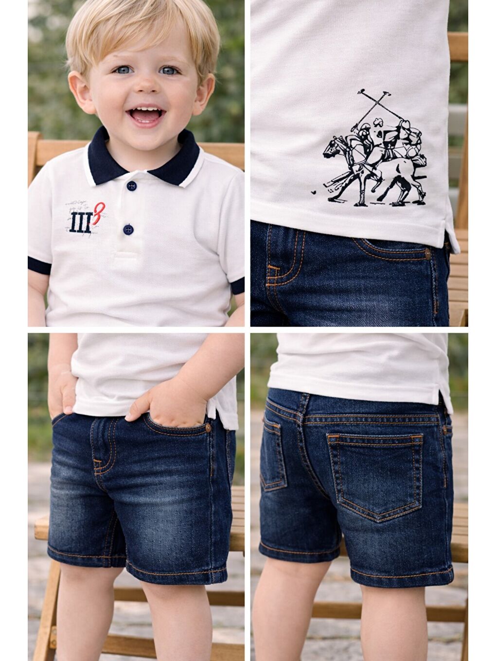 Beyaz Tarz Lakos Asker Desenli Belden Ayarlanabilir Kısa Kollu Şortlu 2'li Takım Çocuk ve Bebek Giyim-3