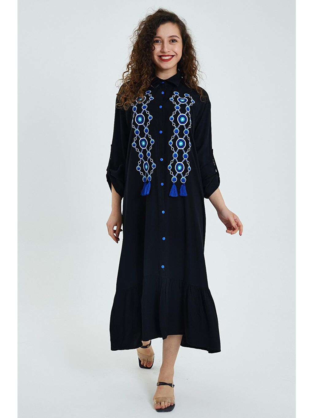 Siyah Kadın Önü Düğmeli Nakışlı Elbise 946-4