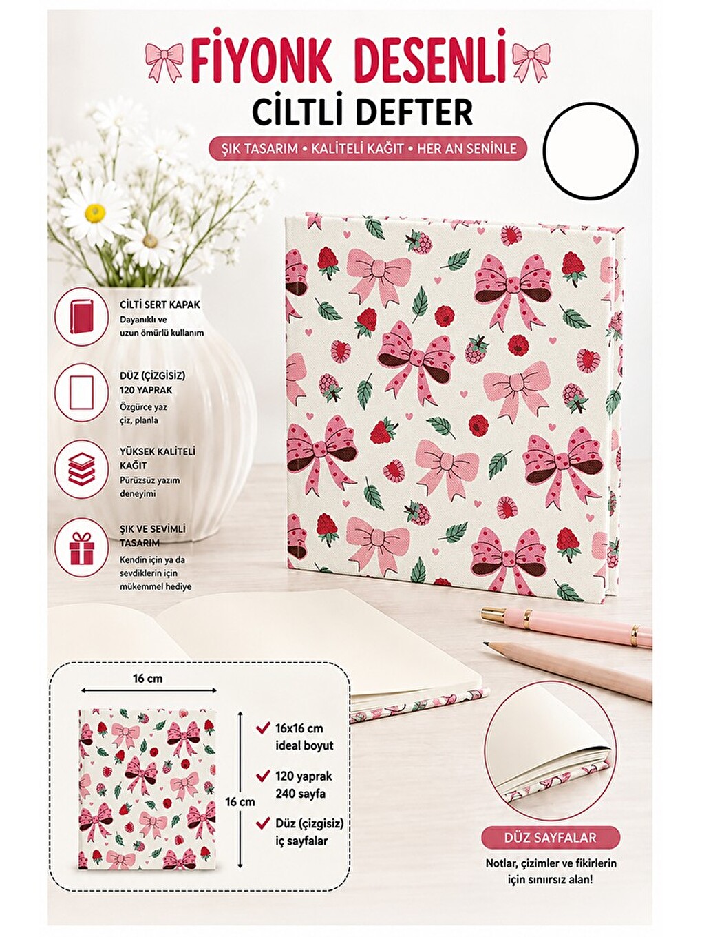 Fiyonk Figürlü Kare Not Defteri 16x16cm 1 Adet Lizz Sert Kapak 120 Yaprak Ciltli Çizgisiz Özel Anı G