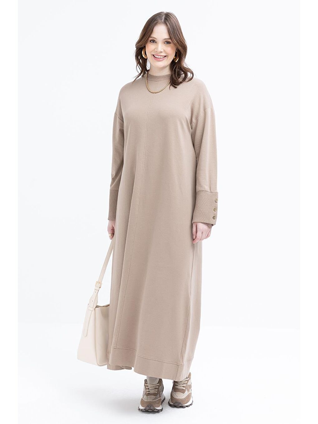 Bej Vizon-Manşeti Kalın Ribanalı Düğme Detaylı Büyük Beden Elbise