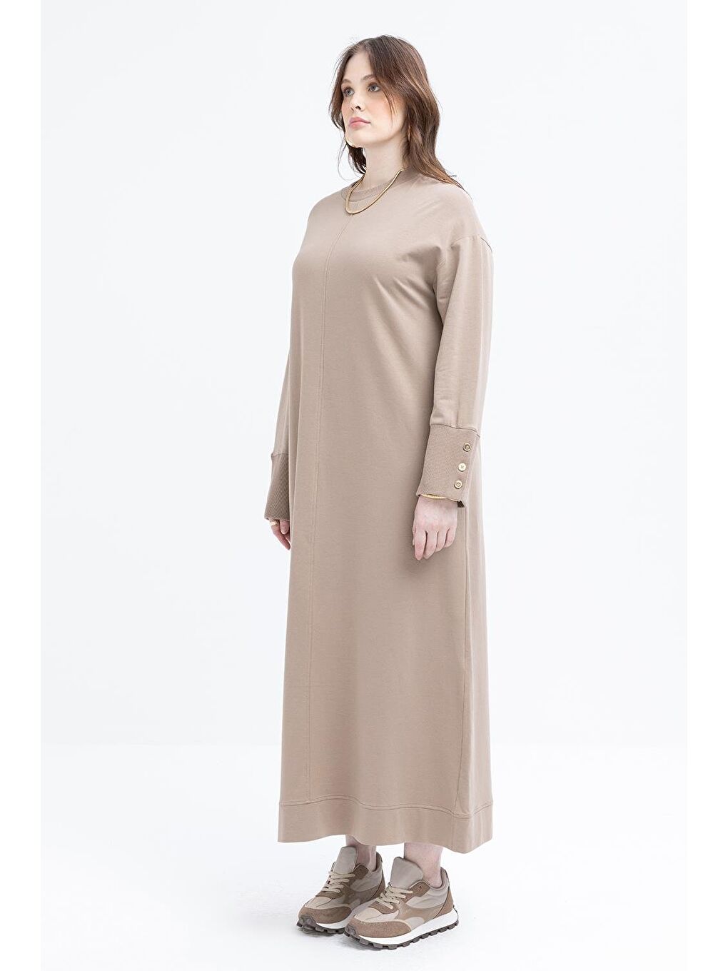 Bej Vizon-Manşeti Kalın Ribanalı Düğme Detaylı Büyük Beden Elbise-1