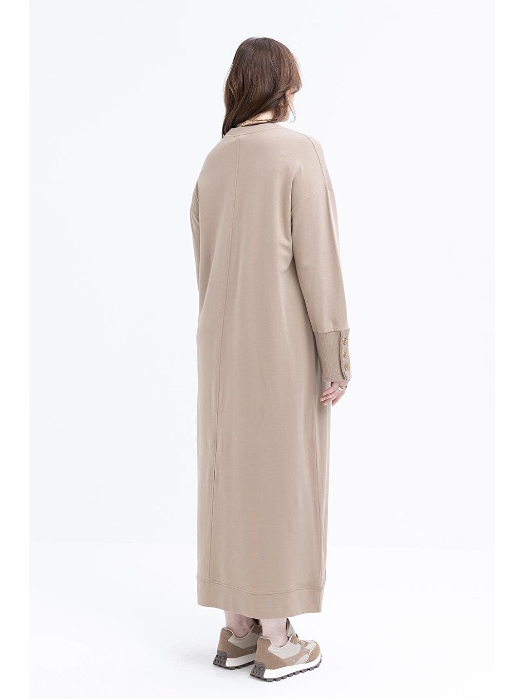 Bej Vizon-Manşeti Kalın Ribanalı Düğme Detaylı Büyük Beden Elbise-2