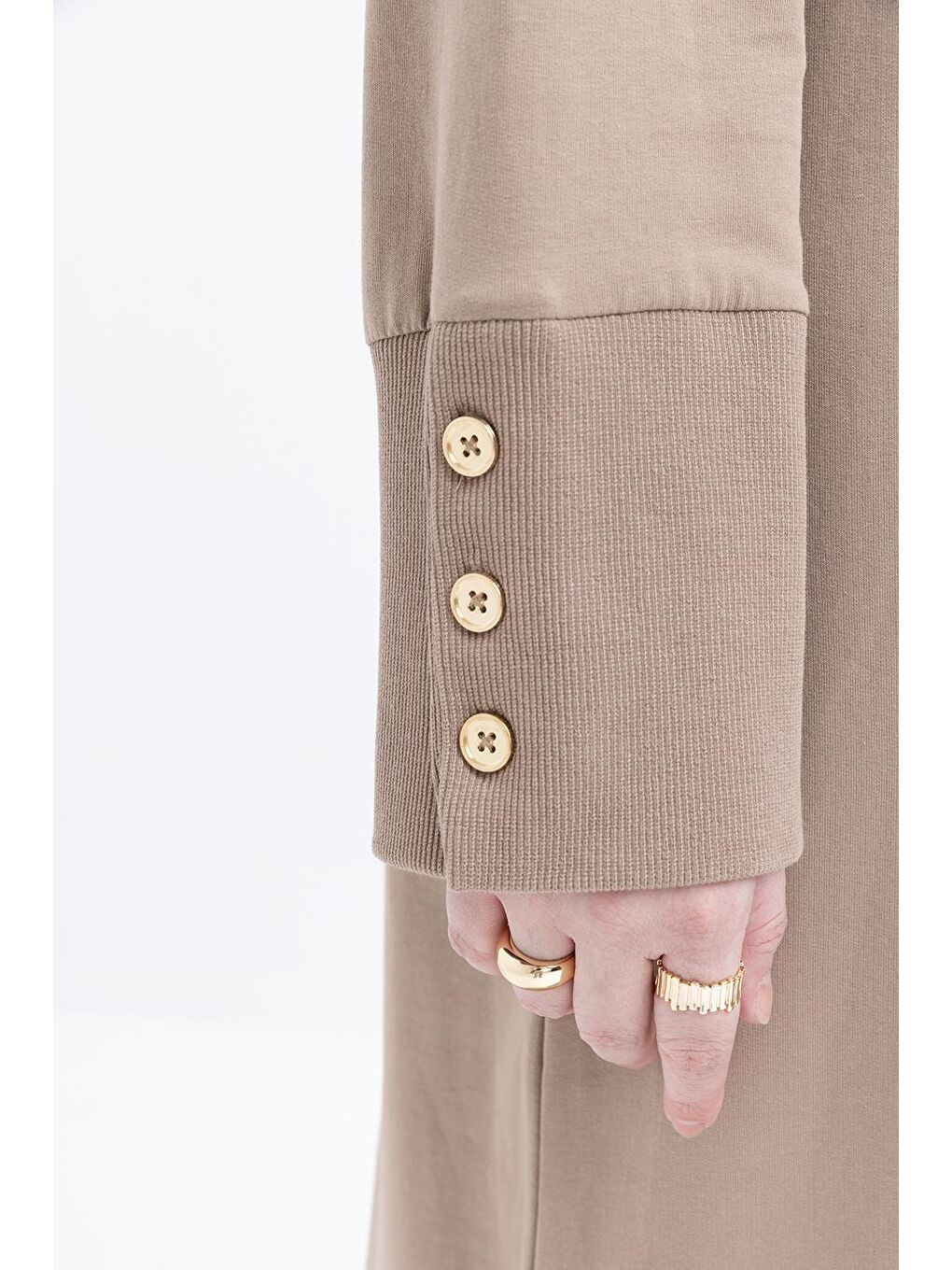 Bej Vizon-Manşeti Kalın Ribanalı Düğme Detaylı Büyük Beden Elbise-3