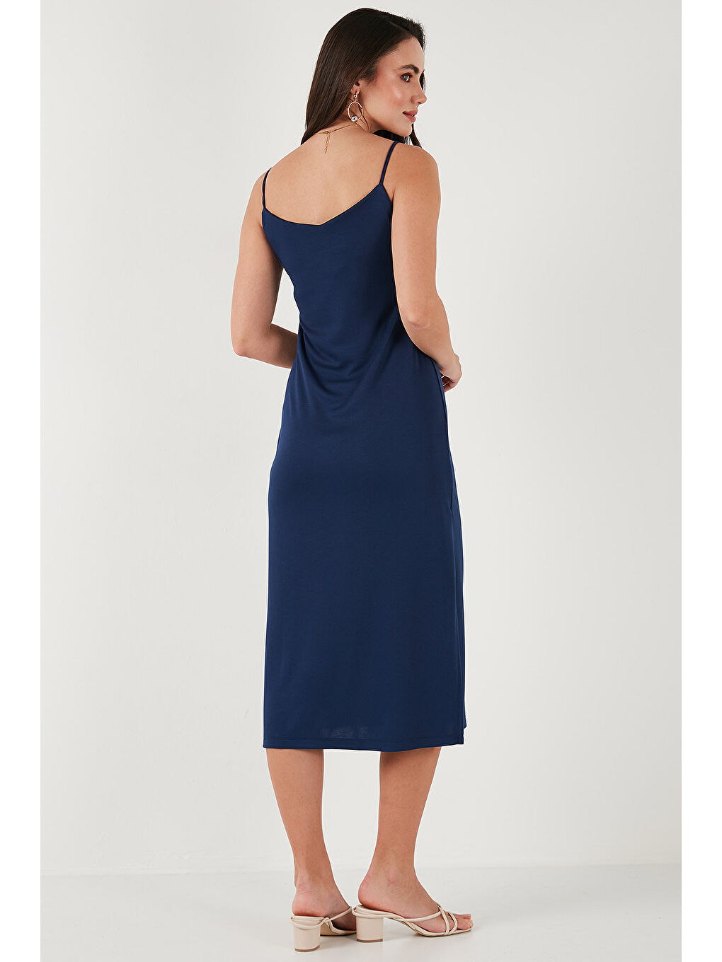 Lacivert Regular Fit İp Askılı Yırtmaç Detaylı Midi Kadın Elbise 5866128-6