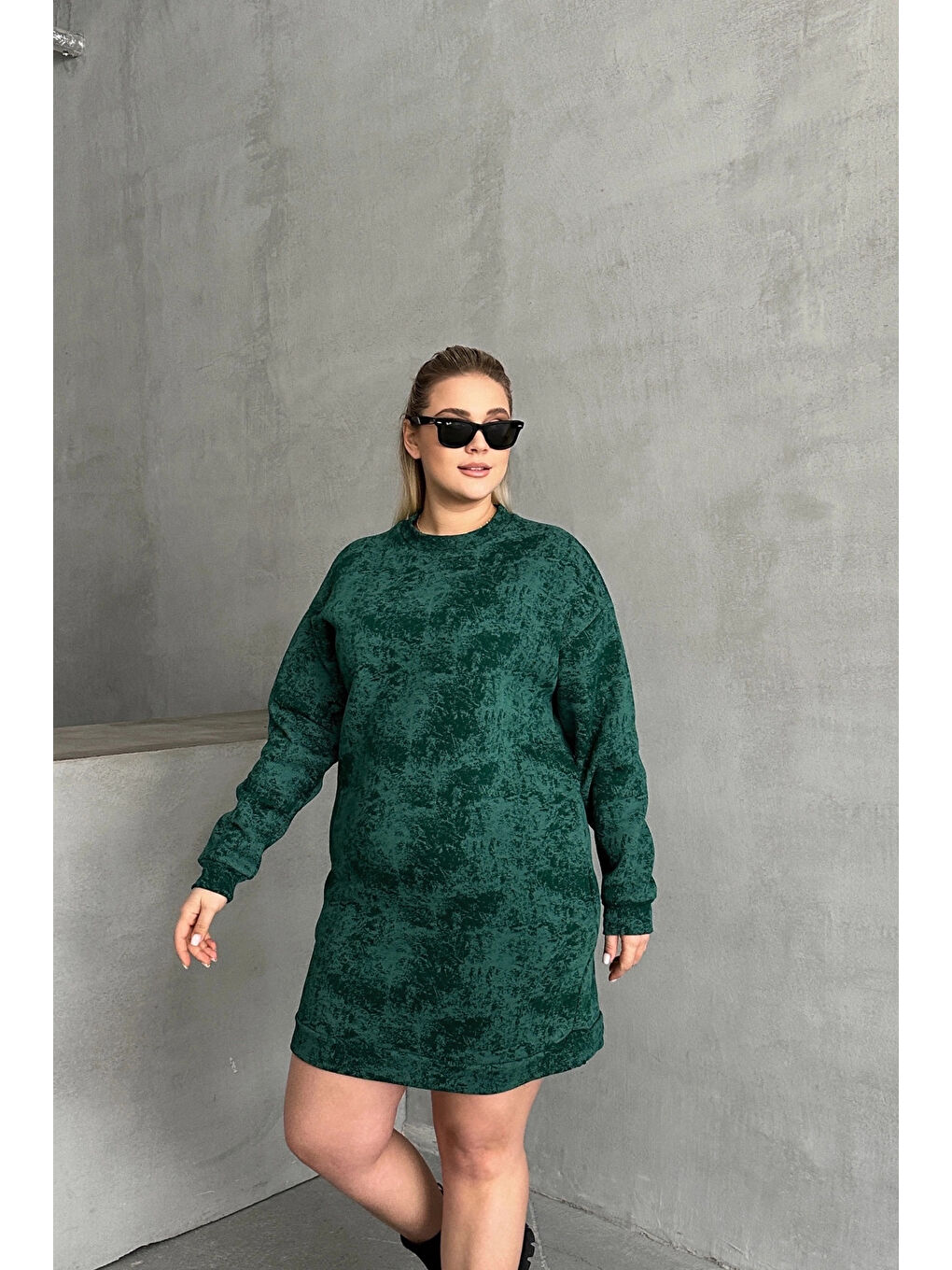 Yeşil Büyük Beden Uzun Kollu Bisiklet Yaka Cepli Desenli Elbise 106-77-1