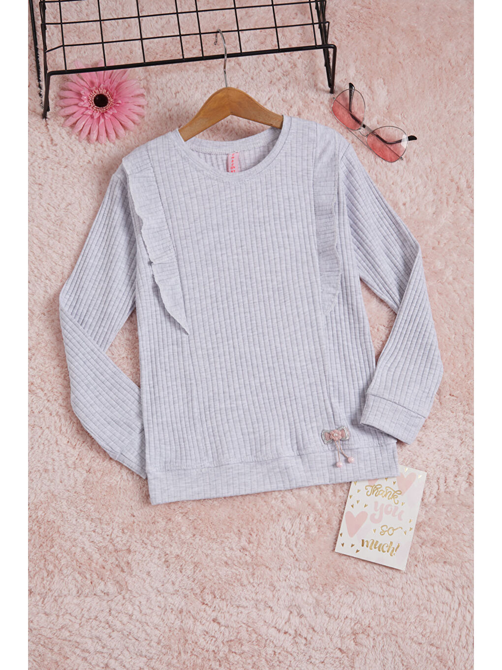 Gri Önü Fırfırlı Fitilli Uzun Kollu Sweatshirt