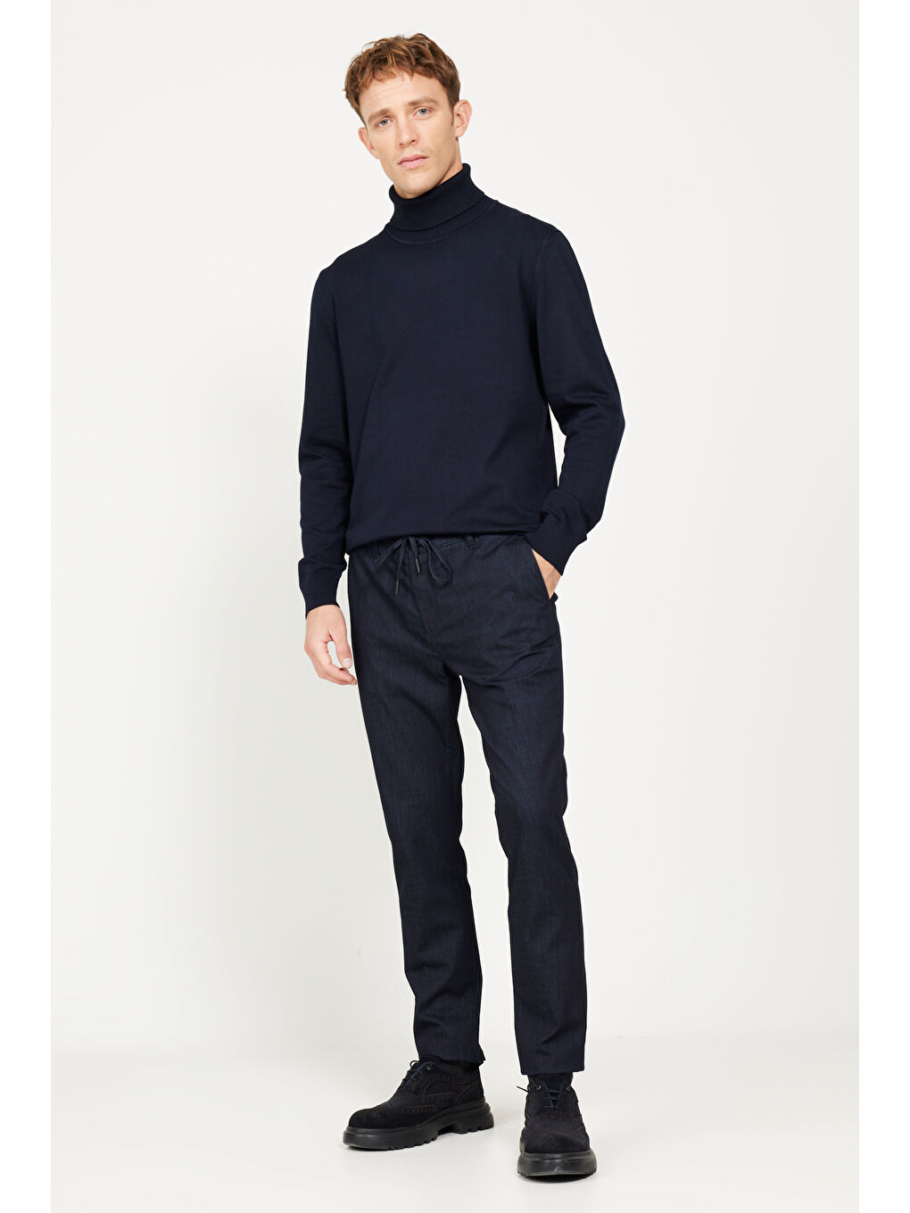 Erkek Koyu Lacivert Slim Fit Dar Kesim Yan Cepli Esnek Beli Bağlamalı Esnek Denim Pantolon-1