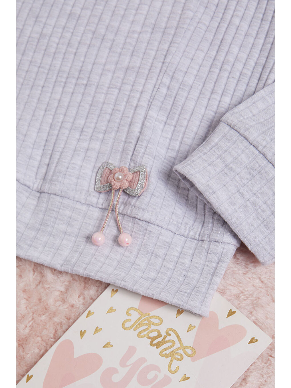 Gri Önü Fırfırlı Fitilli Uzun Kollu Sweatshirt-2