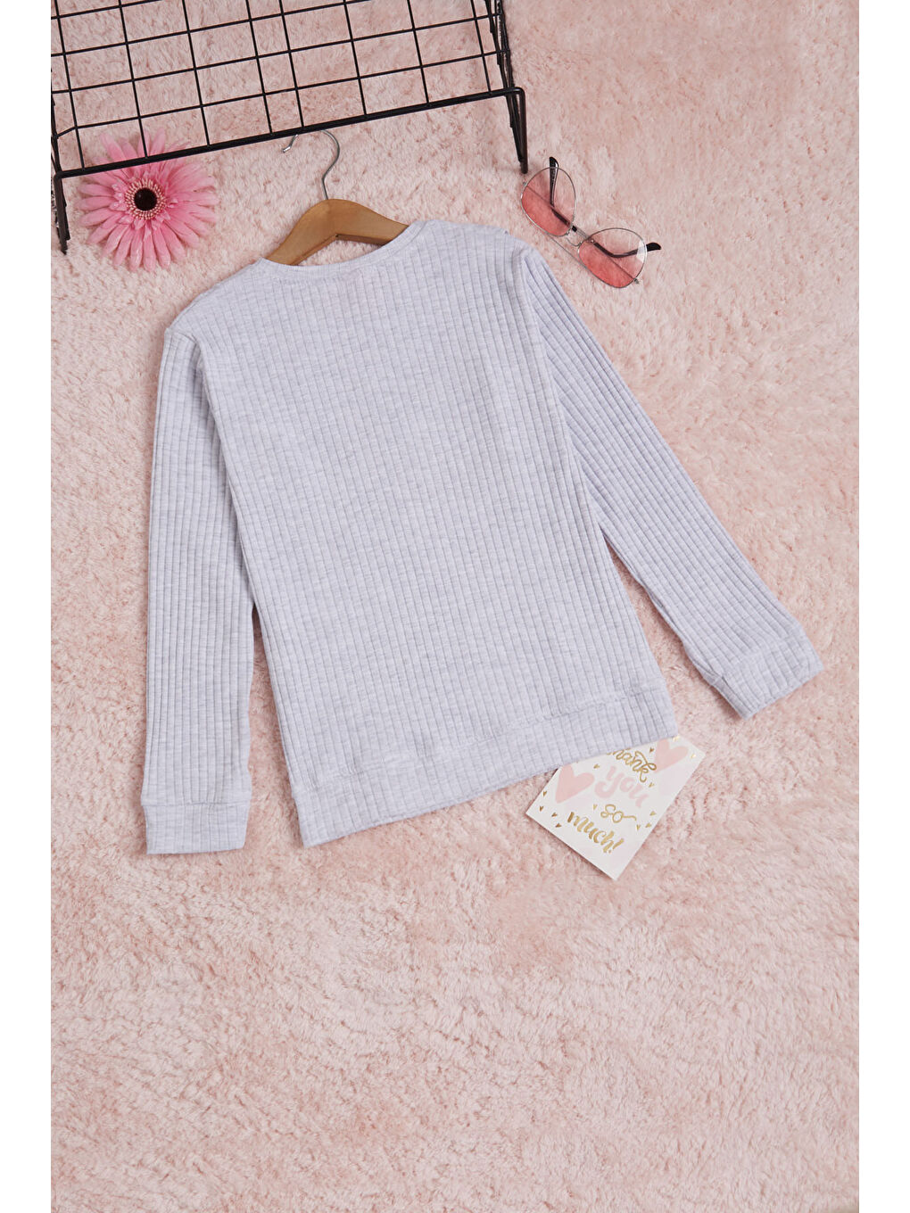 Gri Önü Fırfırlı Fitilli Uzun Kollu Sweatshirt-3