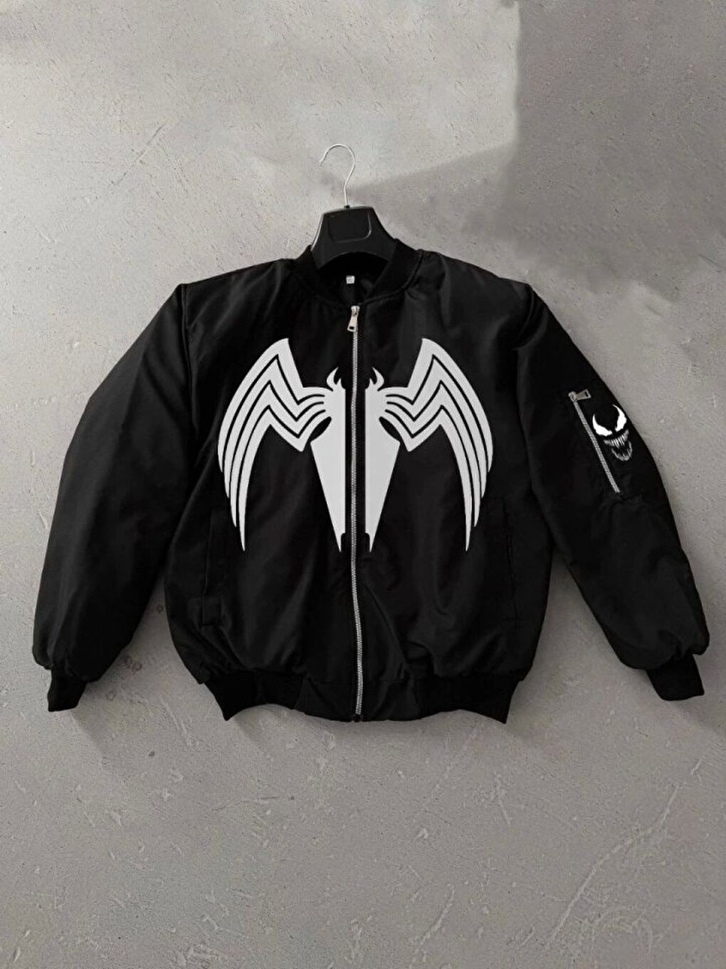 Tam Fermuarlı Uzun Kol Baskılı Bomber Ceket - Siyah-1