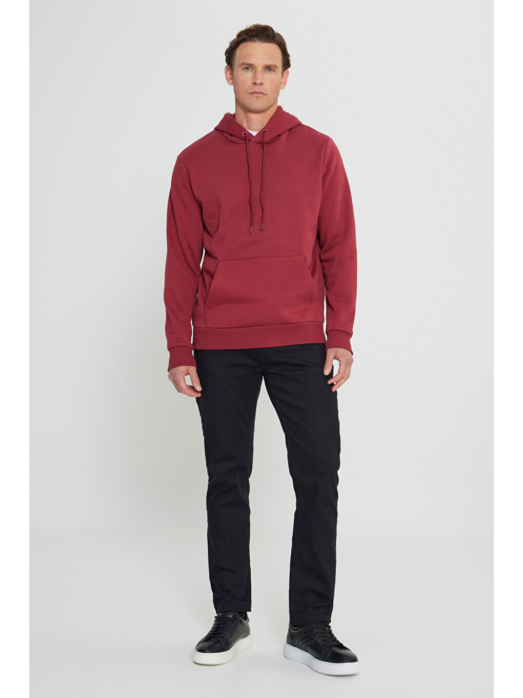 Erkek Bordo Standart Fit Pamuklu Kapüşonlu Sweatshirt-1