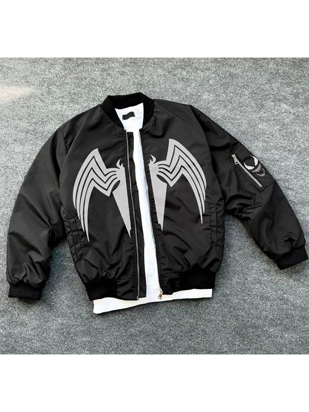 Tam Fermuarlı Uzun Kol Baskılı Bomber Ceket - Siyah-3