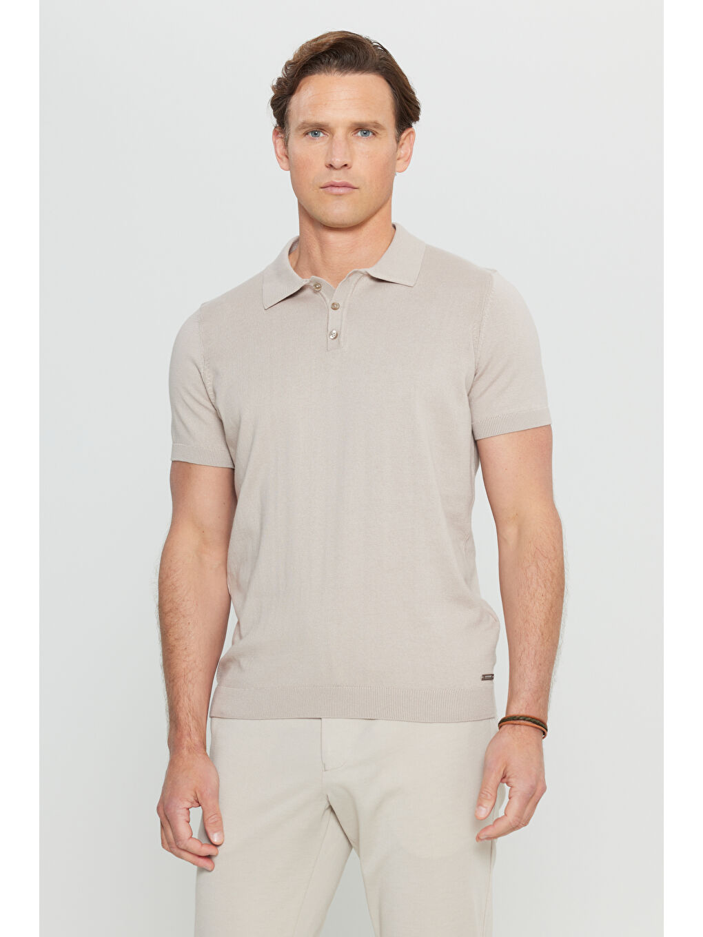 Bej Erkek Vizon %100 Pamuk Standart Fit Normal Kesim Polo Yaka Triko Tişört