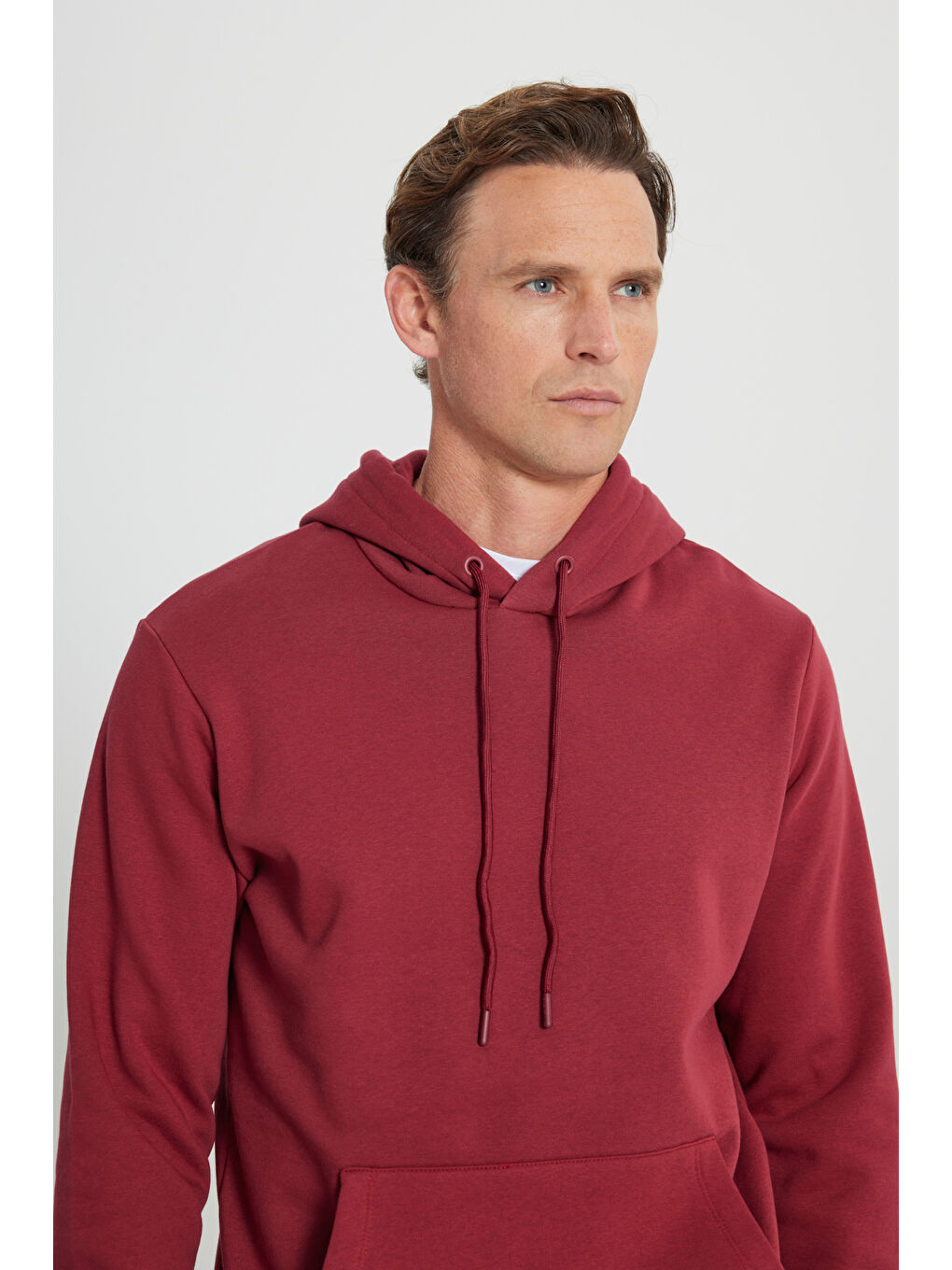 Erkek Bordo Standart Fit Pamuklu Kapüşonlu Sweatshirt-3