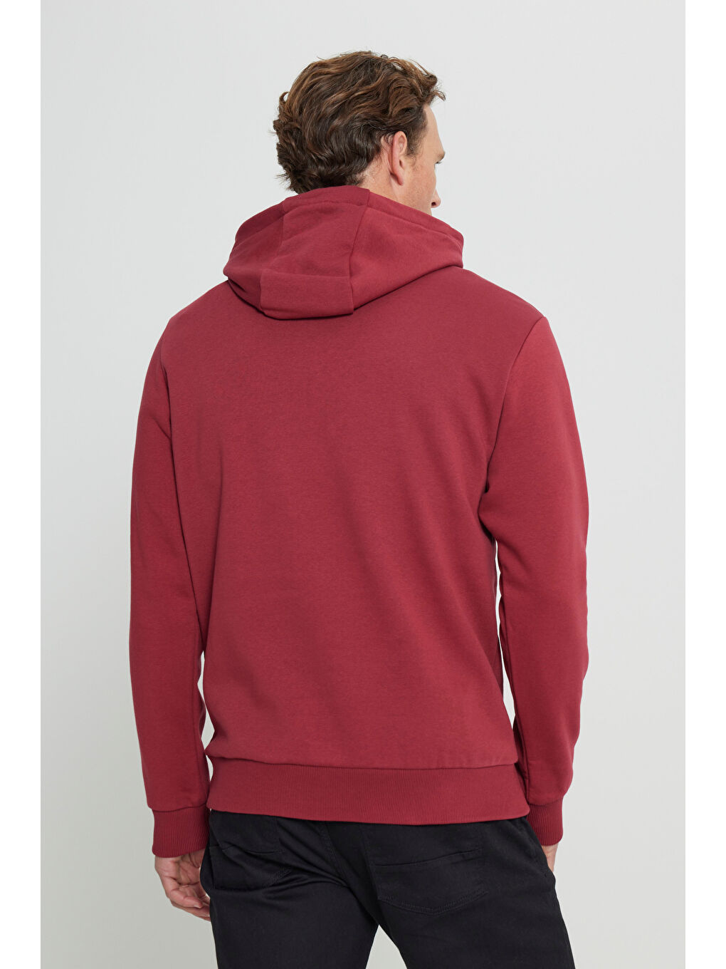 Erkek Bordo Standart Fit Pamuklu Kapüşonlu Sweatshirt-4