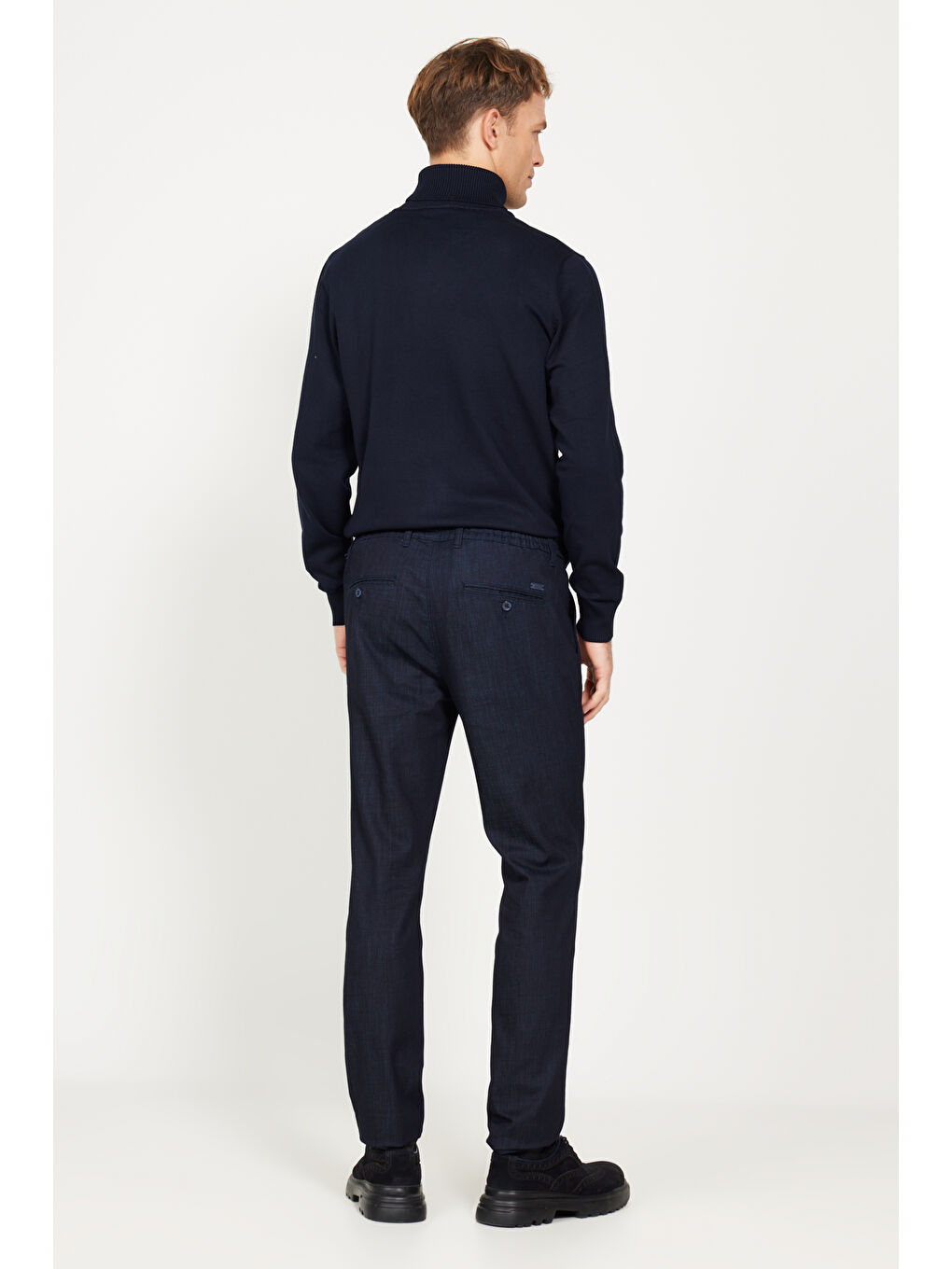 Erkek Koyu Lacivert Slim Fit Dar Kesim Yan Cepli Esnek Beli Bağlamalı Esnek Denim Pantolon-2