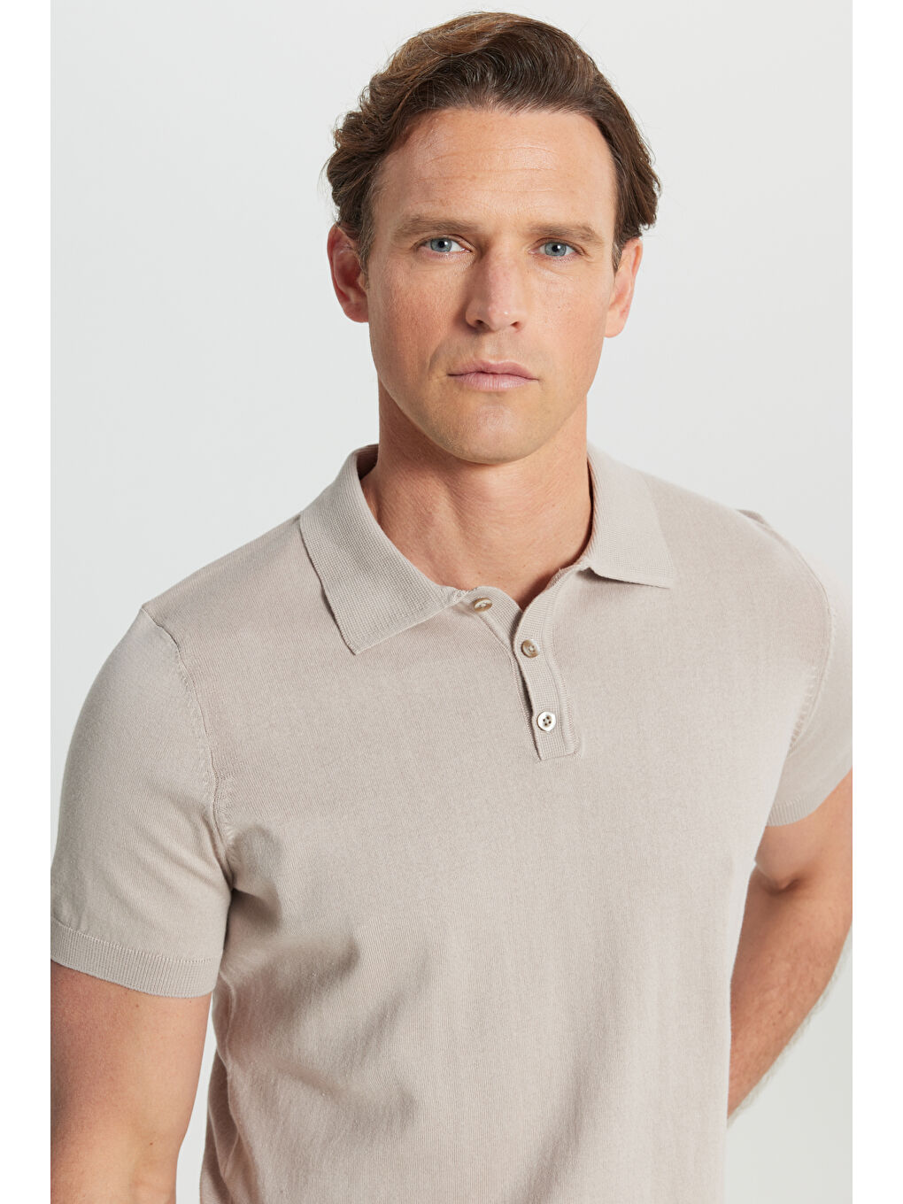 Bej Erkek Vizon %100 Pamuk Standart Fit Normal Kesim Polo Yaka Triko Tişört-3