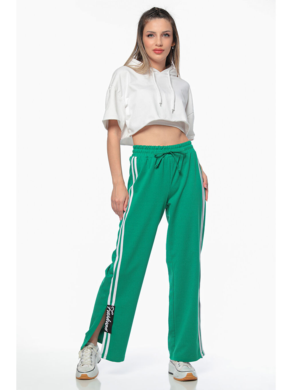 Yeşil Kadın Yan Şeritli Yırtmaç Detaylı Bel Lastikli Alt Eşofman-2