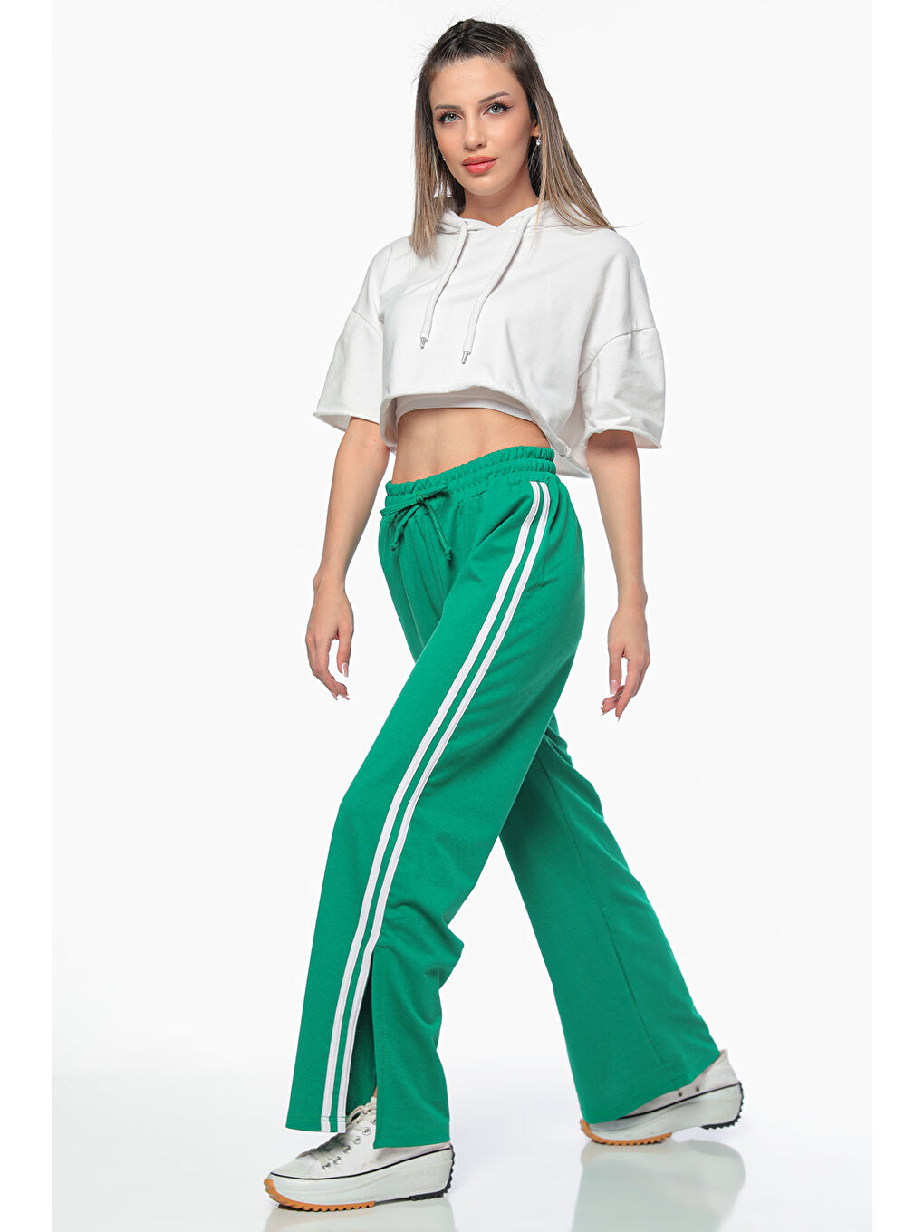 Yeşil Kadın Yan Şeritli Yırtmaç Detaylı Bel Lastikli Alt Eşofman-4